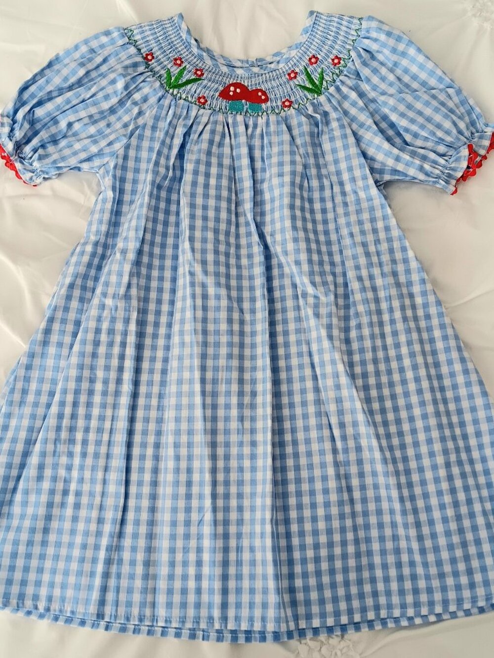Girls Blue Gingham Hand Embroidered Mushrooms & Flowers Smocked Dress– Sz 6